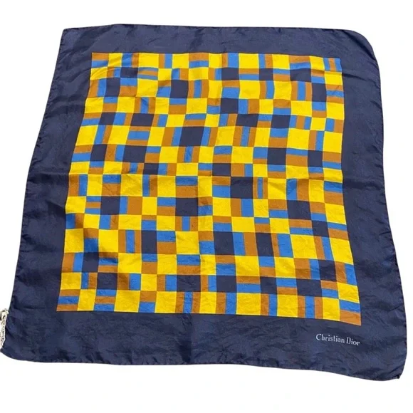 Auth Christian Dior Blue Yellow Geometric Silk Scarf - Picture 1 of 6